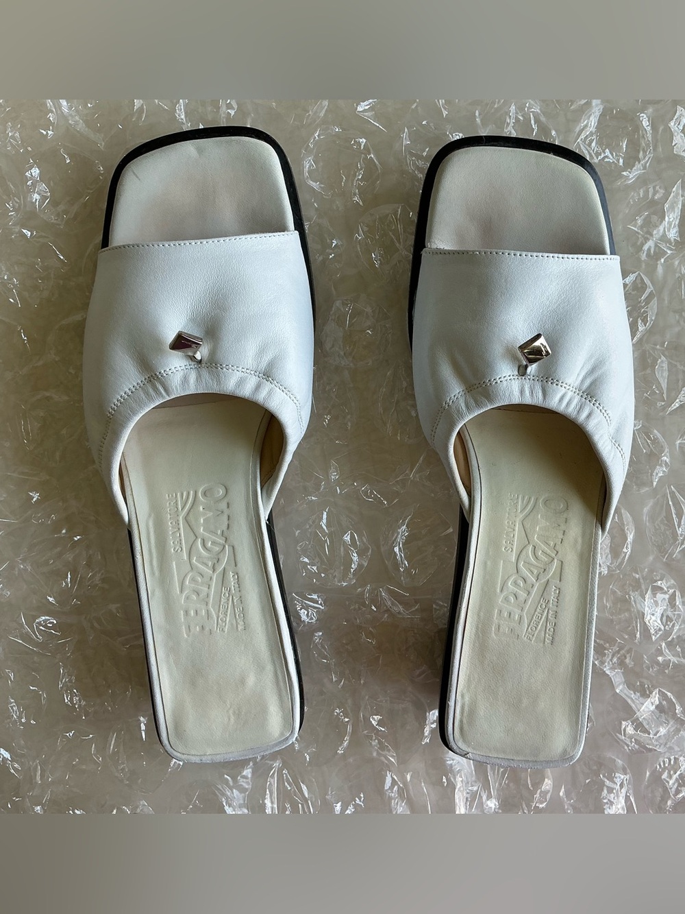 Salvatore Ferragamo White Leather Square-Toe Slide Mules with Silver Stud